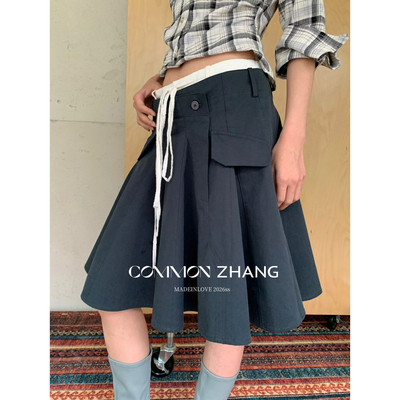 CZ ZHANG-英伦街头复古设计感双腰头拼接百褶半身裙