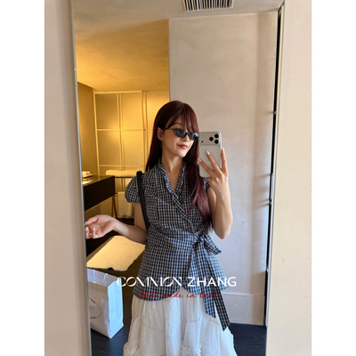 CZ ZHANG夏上新韩系美学经典格纹衫衬女绑带收腰修身少女感小衫