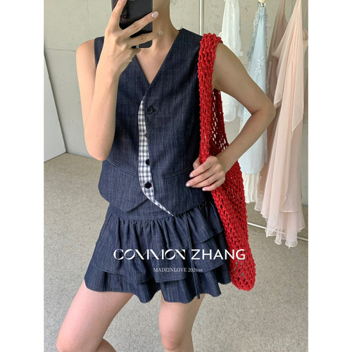 CZ ZHANG夏上新出街神搭英伦少女风V领无袖收腰牛仔拼接格纹马甲