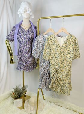 不退换黄色碎花连衣裙新款v领抽绳皱褶雪纺短袖修身显瘦a字短裙子