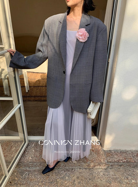 CZ ZHANG秋季法式通勤风花卉拼接廓形格子翻领小西装外套女B37092