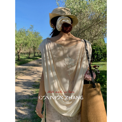 CZ ZHANG-夏梦初醒纯欲风小众设计荡领背后刺绣玫瑰小衫