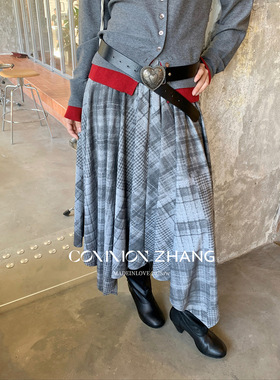 CZ ZHANG秋冬不规则松紧腰A字百褶半身裙格子印花休闲长裙 B42271