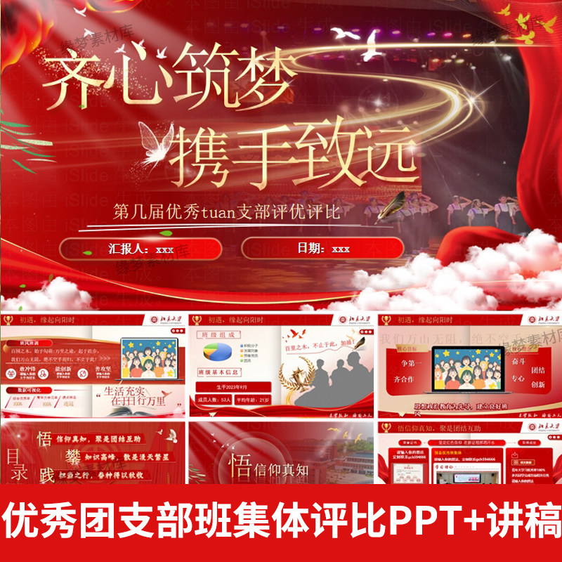 优秀团支部班集体评比PPT,33页图文自由编辑红色风通用