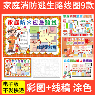 家庭消防疏散逃生路线示意图手抄报模板消防安全知识教育小报绘画