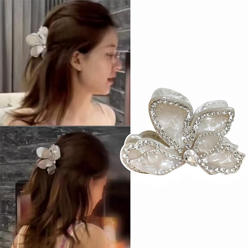 醋酸三角梅立体花朵抓夹赵露思同款珍珠镶钻发夹半扎发鲨鱼夹头饰