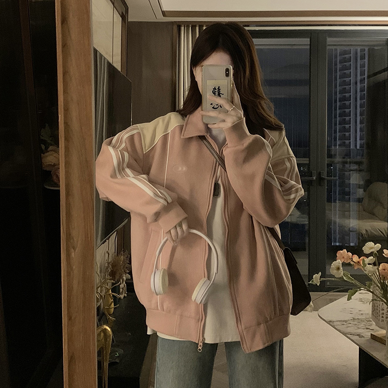 港风翻领小众外套女秋季新款复古美式拼接设计感情侣夹克棒球服潮