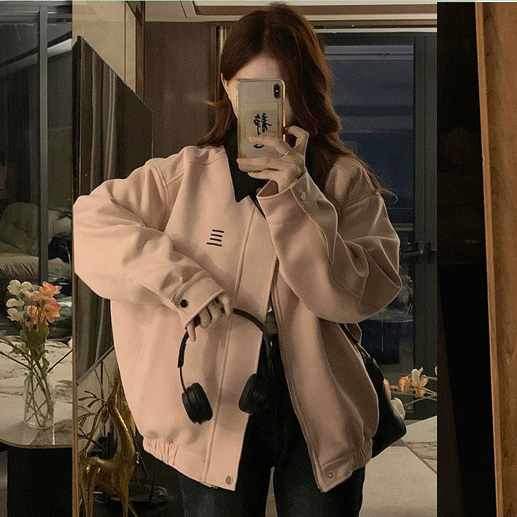 甜酷皮粉翻领外套女秋冬新款复古设计感小众上衣夹克棒球服小个子