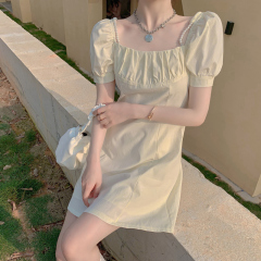 Real price square neck bubble sleeve pearl decorative dress