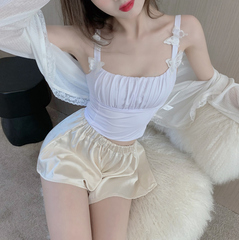 Real price lace cardigan jacket + embroidered bow suspender Vest + Elastic Waist Shorts