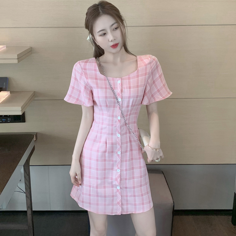 Real price square collar Plaid single breasted waist dress