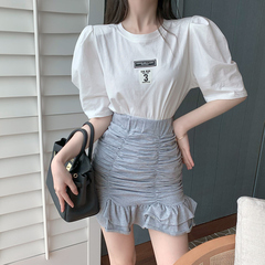 Real price solid color thin bubble sleeve T-shirt + pleated fishtail skirt