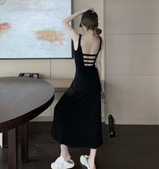 Real price waist show thin square collar care machine open back dress