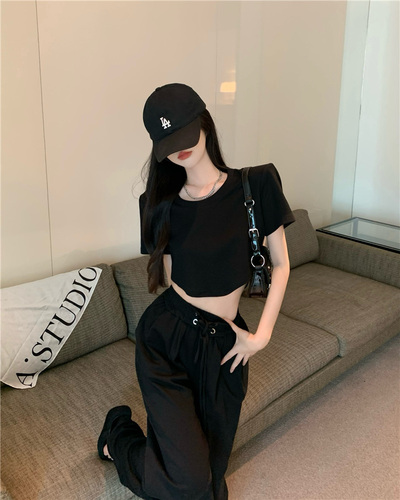 Real price elastic high waist drawstring wide leg pants + short solid color short sleeve T-shirt