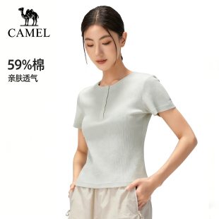 骆驼户外休闲衣女2026春夏短袖 透气显瘦百搭棉t徒步登山运动上衣