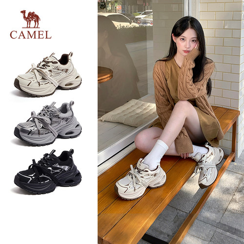 骆驼女鞋2025新款厚底老爹鞋女款透气网面运动鞋软底女鞋休闲鞋