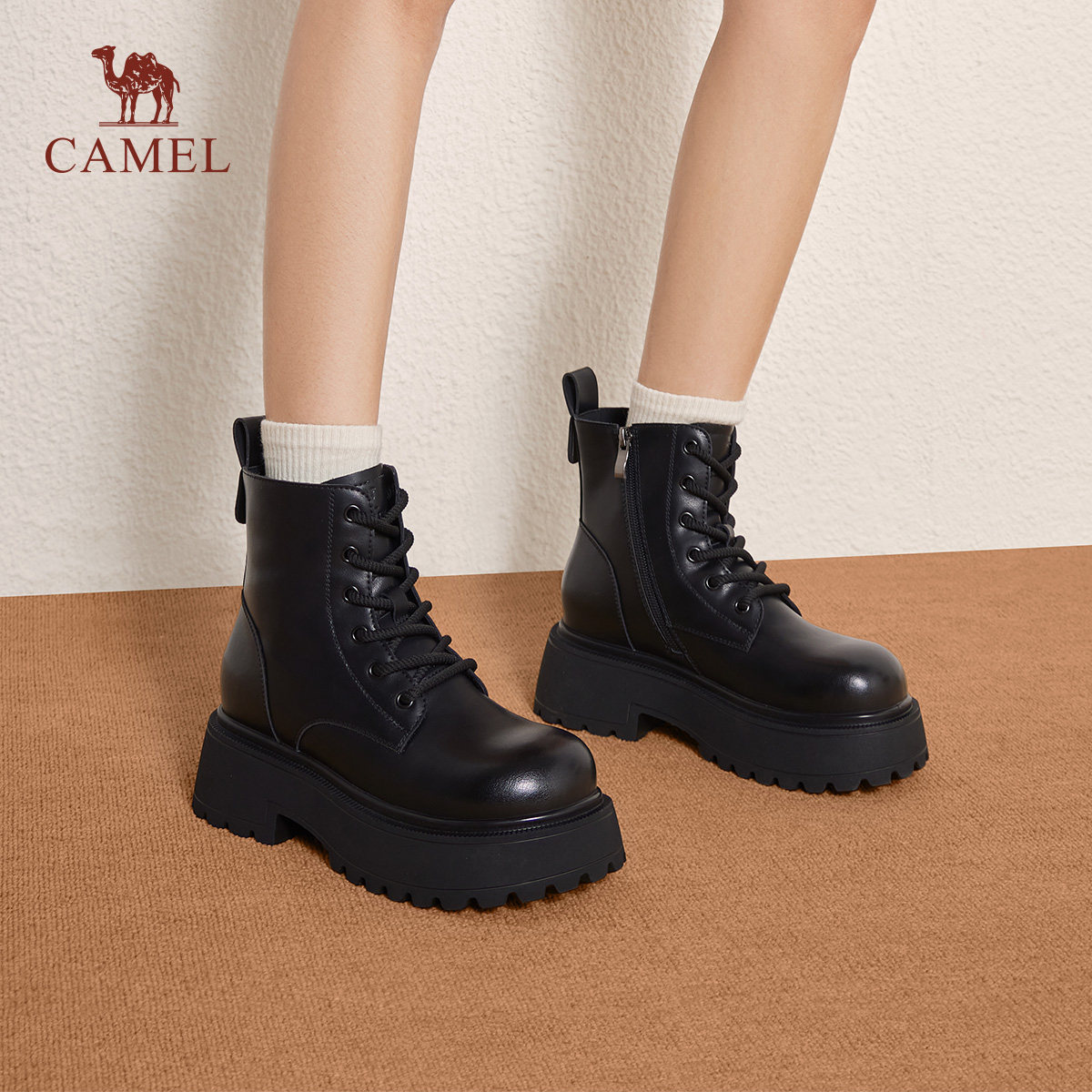 骆驼女鞋2025冬季新款厚底增高休闲靴子机车靴中筒靴加绒马丁靴女