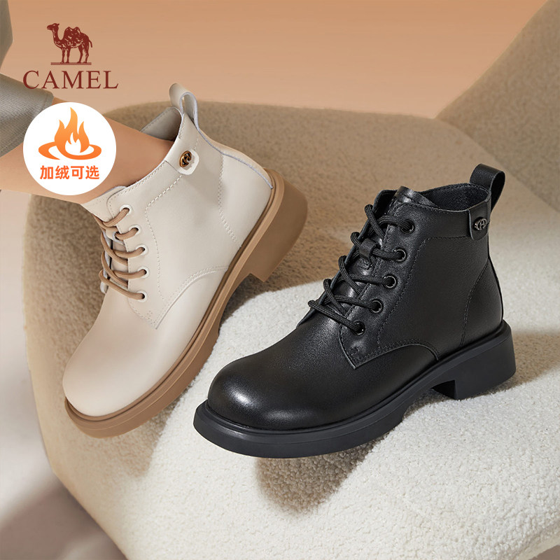 骆驼女鞋2025冬季新款真皮英伦风拉链休闲粗跟时装靴马丁靴女短靴