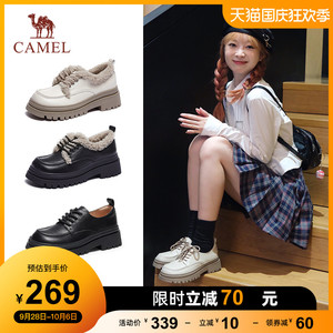 骆驼女鞋2023秋季新款头层牛皮jk小皮鞋英伦休闲粗跟厚底乐福鞋女