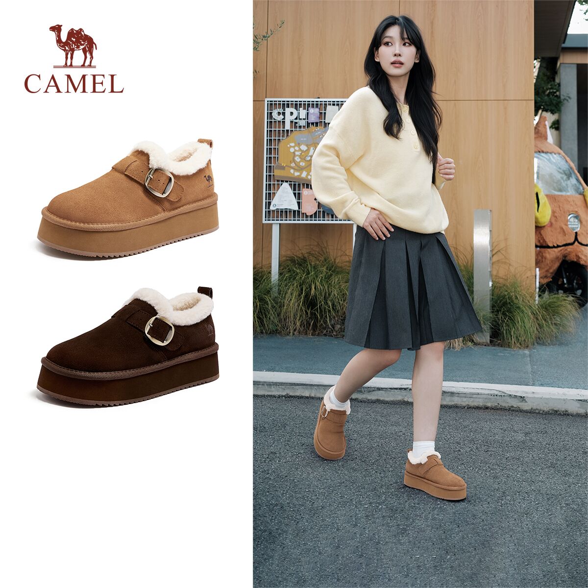 骆驼女鞋2025年冬季新款棉拖鞋加绒保暖雪地靴厚底增高勃肯鞋女款