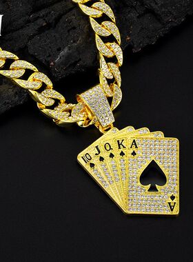 欧美嘻哈古巴链满钻扑克牌吊坠潮牌小众男款项链厂家批发跨境爆款