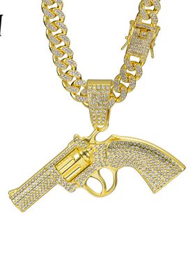 美式热卖镶钻左轮手枪吊坠项链 嘻哈潮男古巴链子 亚马逊首饰货源