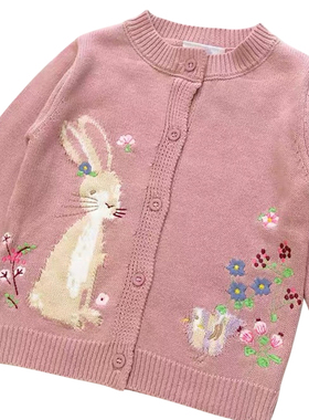 断码清仓特价英n单女童宝宝毛衣开衫手绣兔子花朵纯棉粉紫色外贸