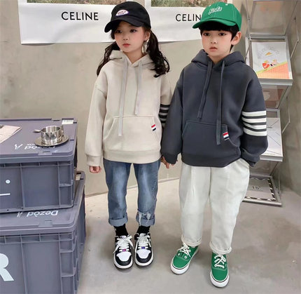2024秋冬新款女童男童四道杠加绒带帽卫衣洋气宽松中大童上衣外套