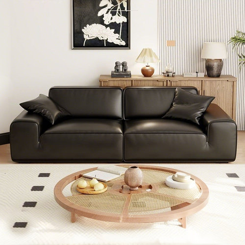 意式简约黑色真皮大黑牛沙发新款客厅直排豆腐块轻奢高端猫抓皮