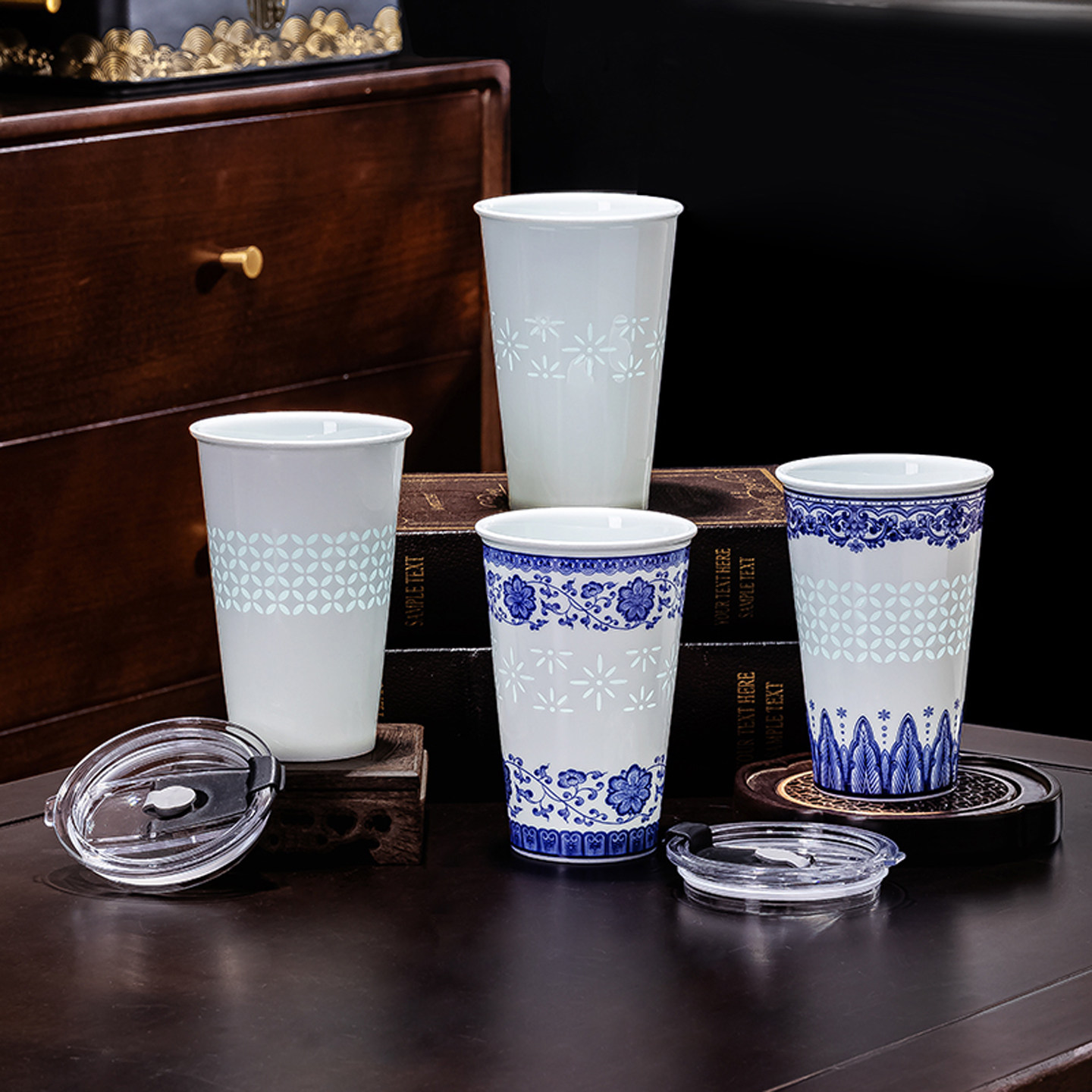 景德镇陶瓷玲珑可乐杯马克杯家用中式水杯带盖办公杯送人礼物杯子