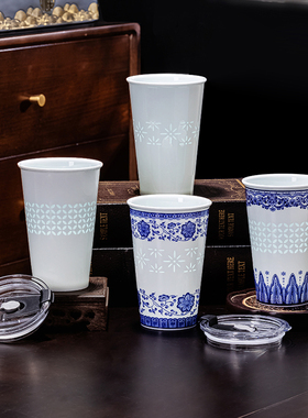 景德镇陶瓷玲珑可乐杯马克杯家用中式水杯带盖办公杯送人礼物杯子