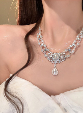 法式水滴珍珠项链女2026新款复古公主宫廷风锁骨链晚礼服镶钻颈链
