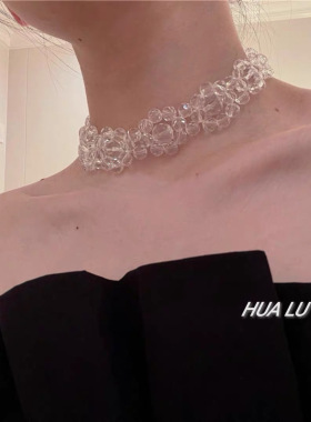 花朵项链透明仿水晶感气质高级简约锁骨链choker