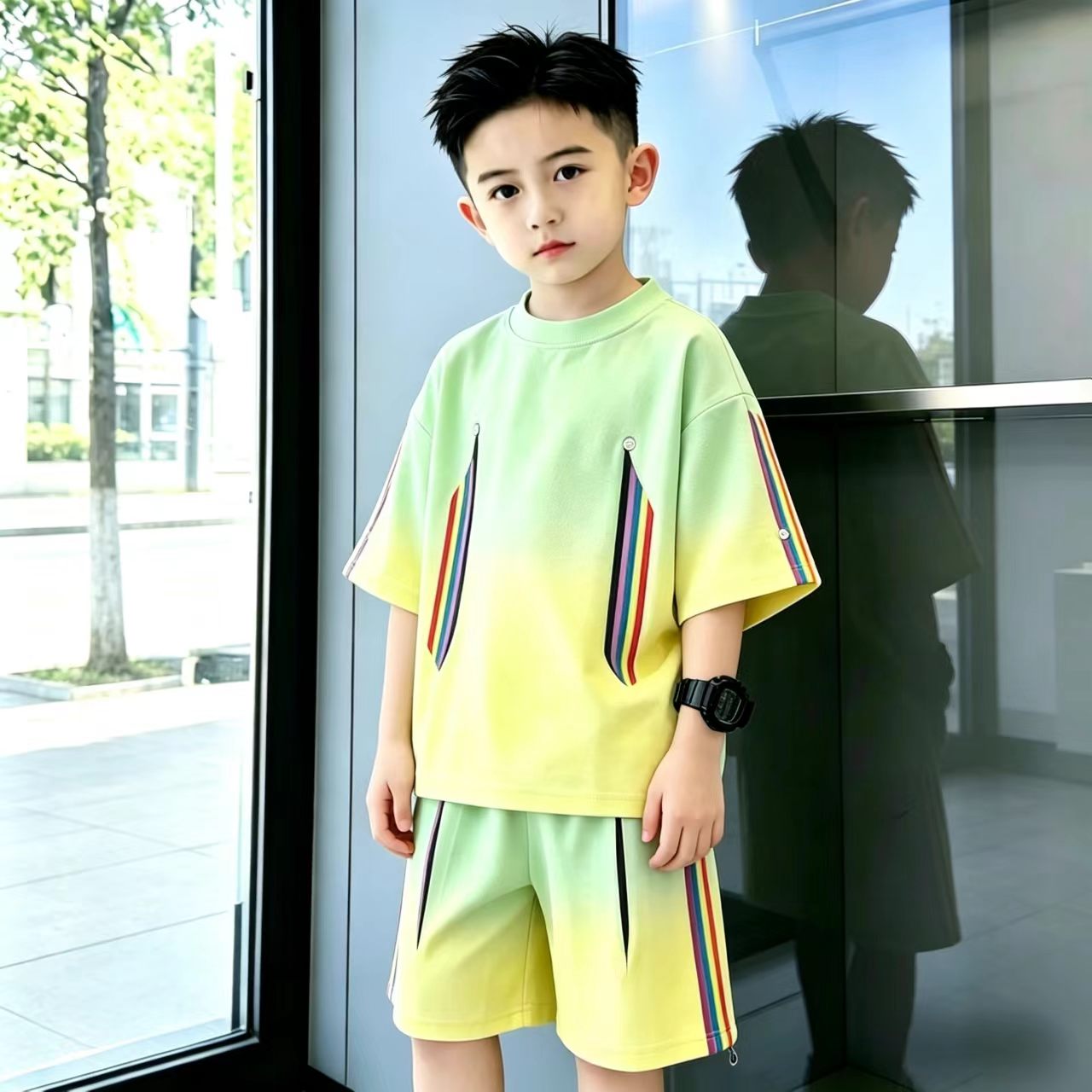 渐变色运动风男童娃卡通撞色条纹套装春秋短袖两件套潮流运动穿搭