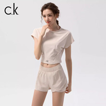 CaldiceKris~夏季瑜伽套装女薄款速干假两件防走光运动短袖短裤潮