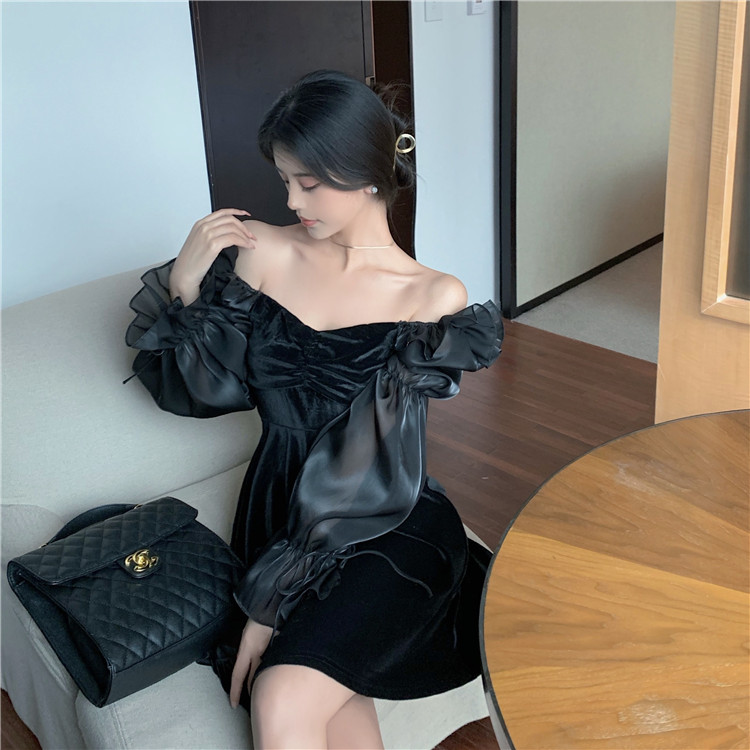 Real shot golden velvet foam sleeve square neck sexy off shoulder long sleeve slim fit Hip Bag Fashion Dress