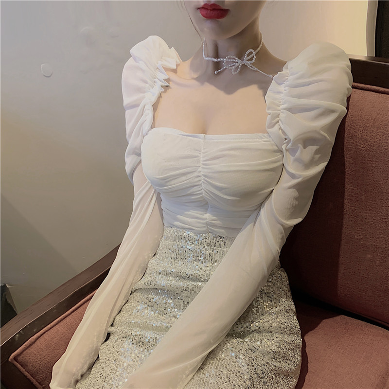 Real shot net bottom shirt female spring foreign style Tight Sexy fairy square collar net red anchor top