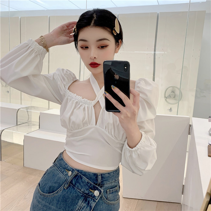 實拍長袖V領掛脖系帶束胸修身顯瘦短款性感打底衫襯衫T女