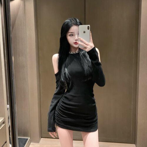 Real shooting careful machine sexy dress new women's long sleeve tight short skirt shows thin Hip Wrap Skirt