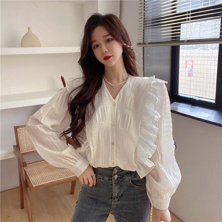 Real shot spring wood ear button Chiffon Long Sleeve Shirt slim solid color women's Shirt Top