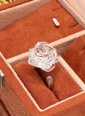 【戒指】天然双a白水晶玫瑰花雕刻件 配s925银开口戒托