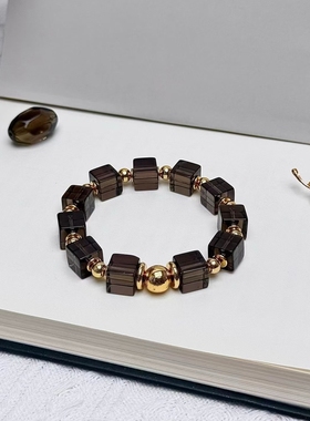 10mm左右珠径 茶水晶小方糖 配合金镀18k金色配件