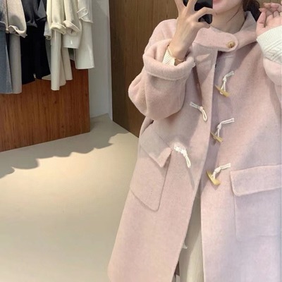 长毛牛角扣双面羊绒大衣中长款少女粉色减龄毛呢外套冬季新款