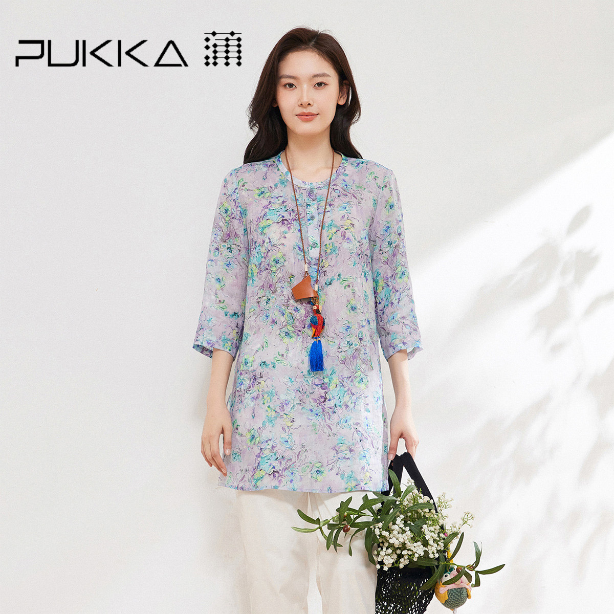 蒲PUKKA 苎麻印花衬衫女2026夏季新品宽松休闲七分袖上衣