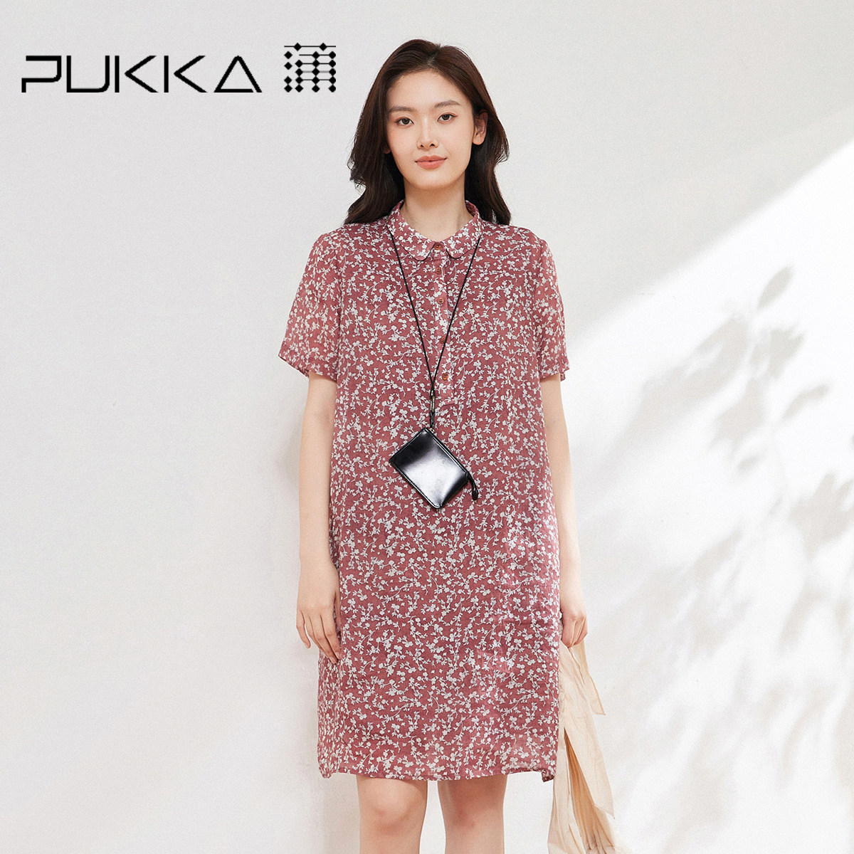 蒲PUKKA 文艺复古印花显高A字衬衫领小个子苎麻连衣裙26夏新款