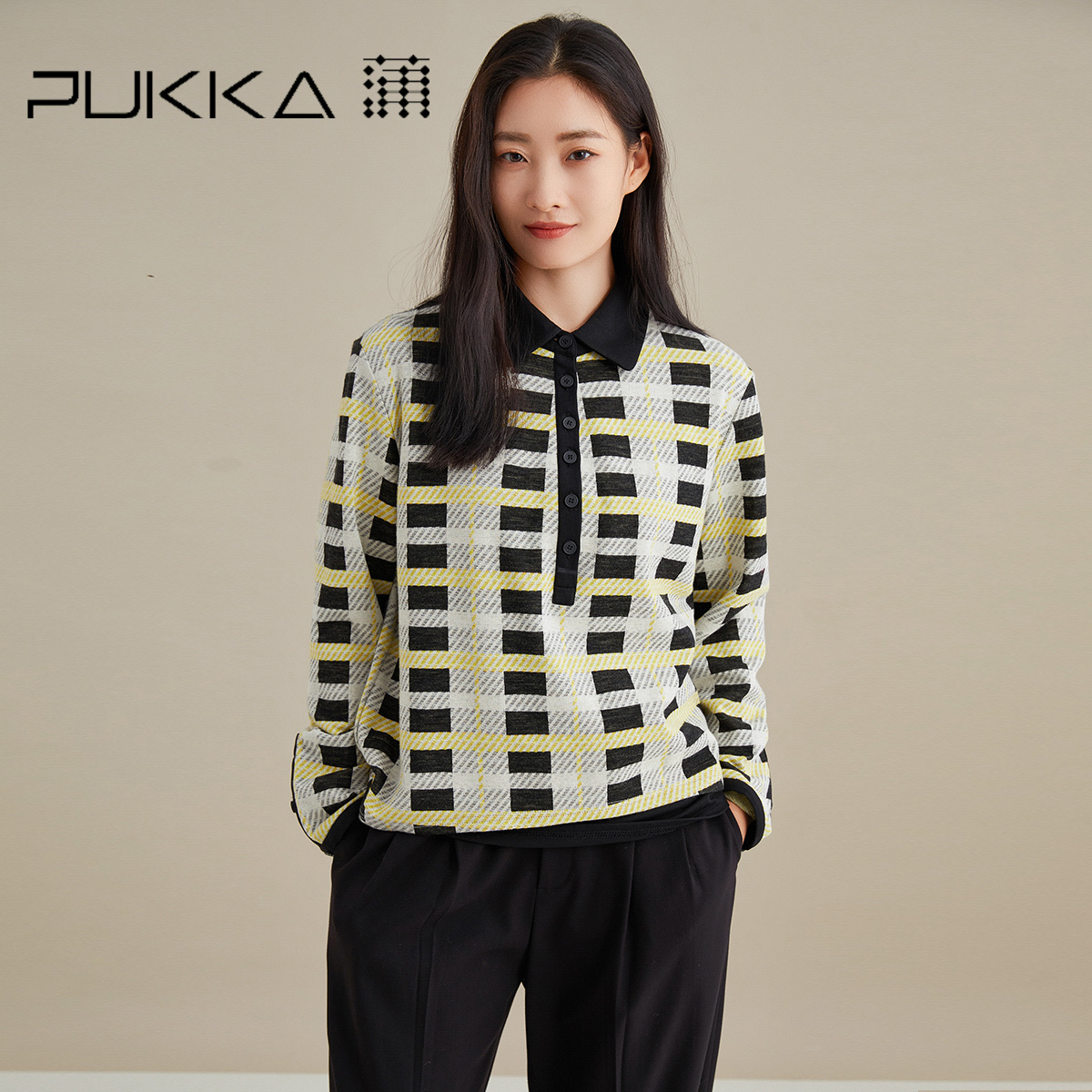 PUKKA毛针织衫衬衫领条纹拼色
