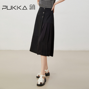 蒲PUKKA 半身裙女年春夏宽松休闲高腰显瘦拼接裙子 中长款