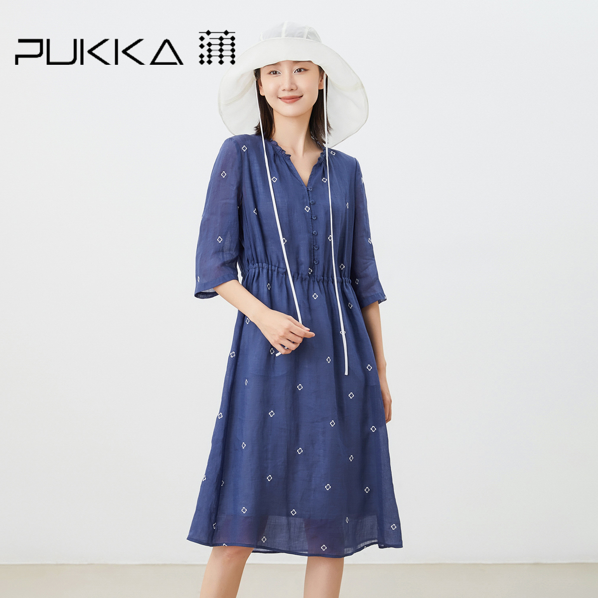 蒲PUKKA 原创设计夏装新品苎麻批绣宽松V领显瘦七分袖连衣裙