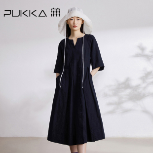 蒲PUKKA 显瘦V领连衣裙 原创设计初秋宽松提花新中式