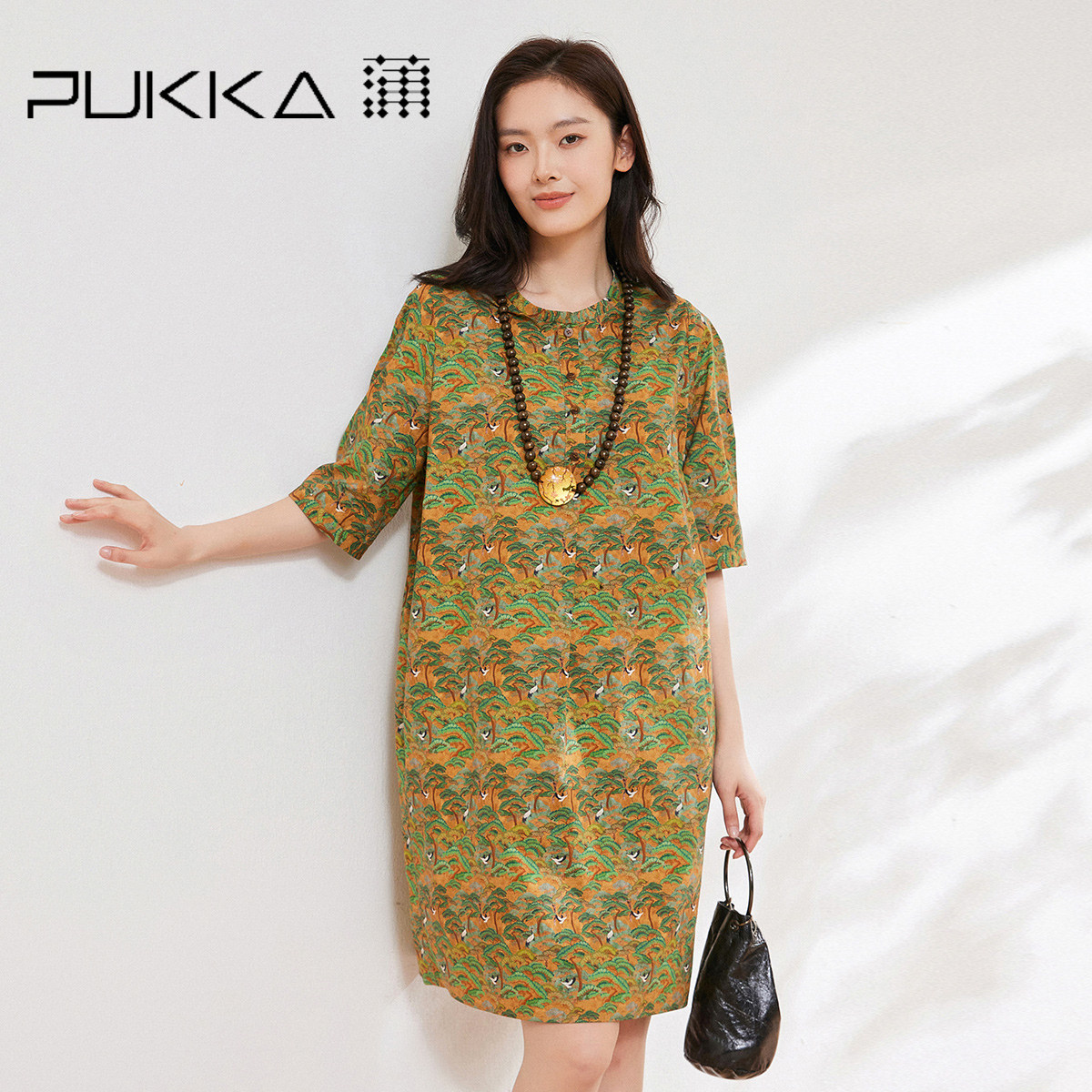 蒲PUKKA 复古松鹤印花裙女2026夏季新品纯棉棉宽松显瘦气质连衣裙
